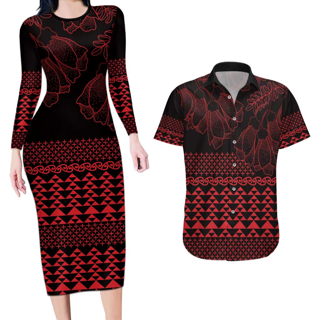 Red Taniko Kowhaiwhai Tukutuku Motif Couples Matching Long Sleeve Bodycon Dress and Hawaiian Shirt