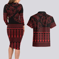 Red Taniko Kowhaiwhai Tukutuku Motif Couples Matching Long Sleeve Bodycon Dress and Hawaiian Shirt