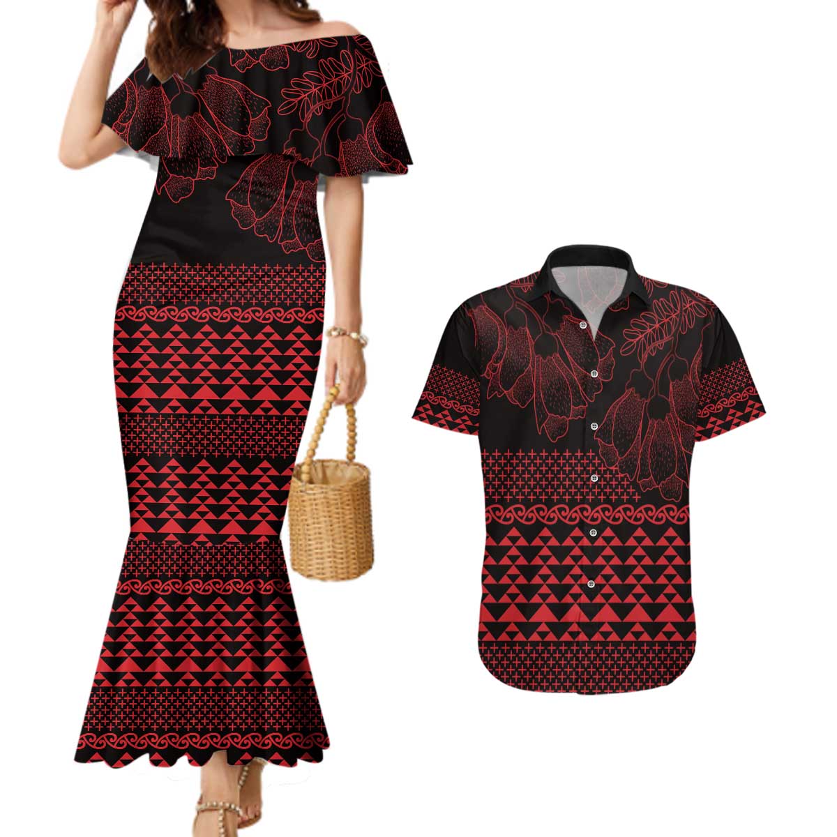 Red Taniko Kowhaiwhai Tukutuku Motif Couples Matching Mermaid Dress and Hawaiian Shirt
