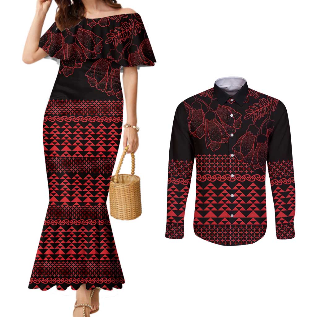 Red Taniko Kowhaiwhai Tukutuku Motif Couples Matching Mermaid Dress and Long Sleeve Button Shirt