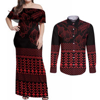 Red Taniko Kowhaiwhai Tukutuku Motif Couples Matching Off Shoulder Maxi Dress and Long Sleeve Button Shirt