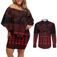 Red Taniko Kowhaiwhai Tukutuku Motif Couples Matching Off Shoulder Short Dress and Long Sleeve Button Shirt