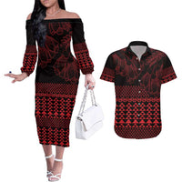Red Taniko Kowhaiwhai Tukutuku Motif Couples Matching Off The Shoulder Long Sleeve Dress and Hawaiian Shirt