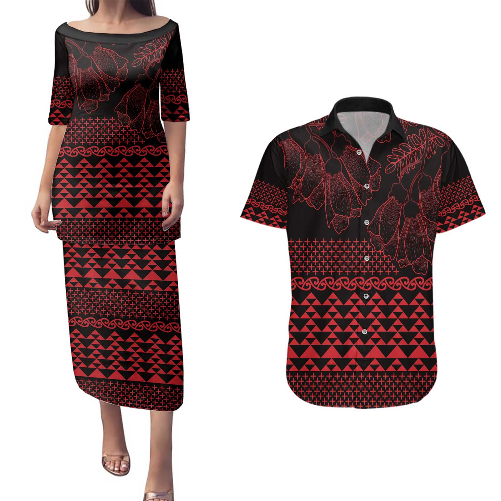 Red Taniko Kowhaiwhai Tukutuku Motif Couples Matching Puletasi and Hawaiian Shirt