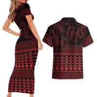 Red Taniko Kowhaiwhai Tukutuku Motif Couples Matching Short Sleeve Bodycon Dress and Hawaiian Shirt