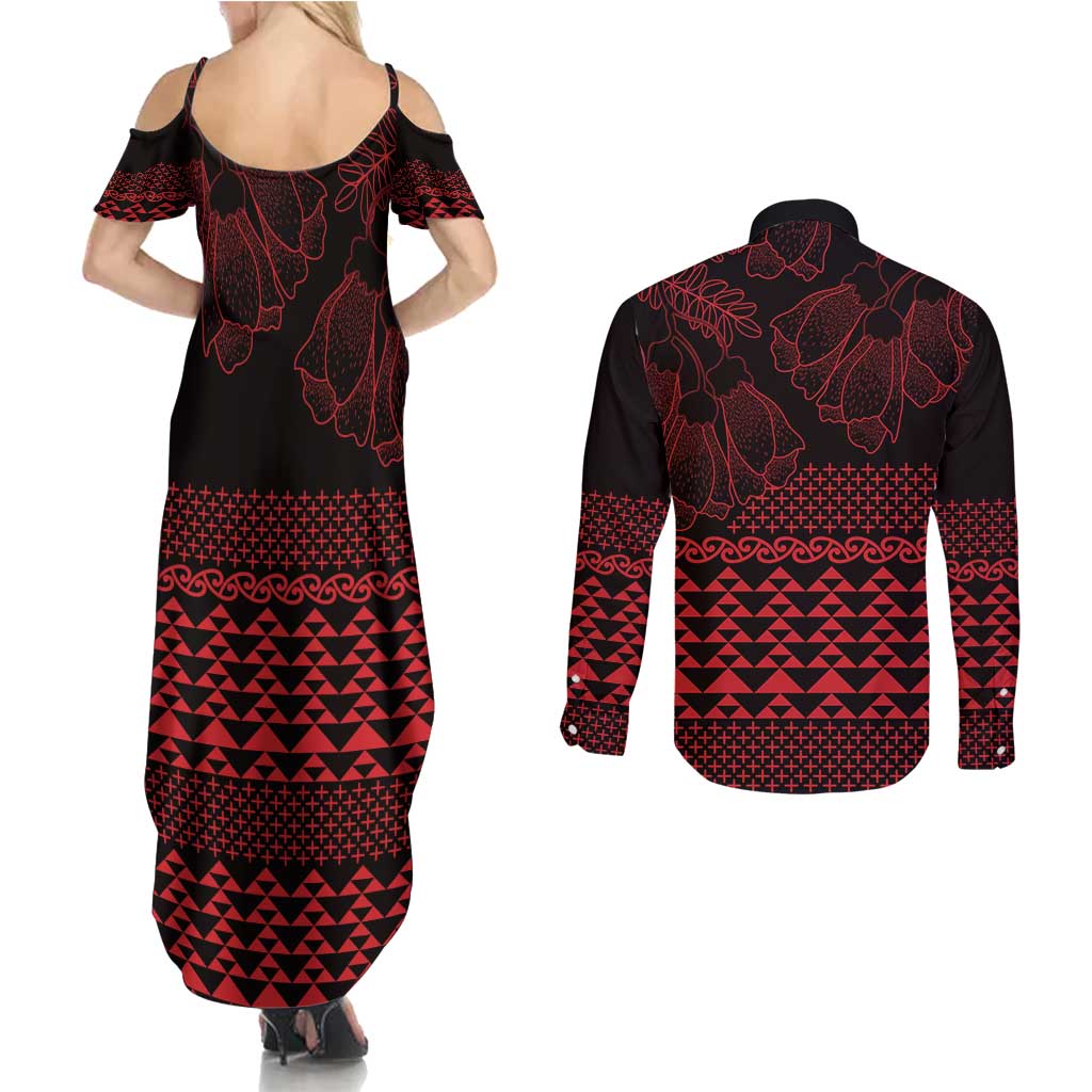 Red Taniko Kowhaiwhai Tukutuku Motif Couples Matching Summer Maxi Dress and Long Sleeve Button Shirt