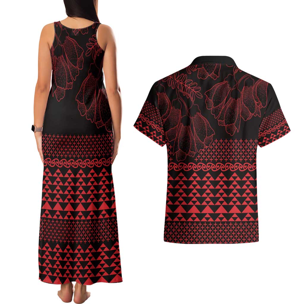 Red Taniko Kowhaiwhai Tukutuku Motif Couples Matching Tank Maxi Dress and Hawaiian Shirt
