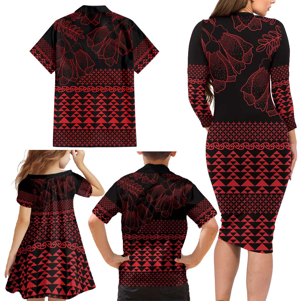 Red Taniko Kowhaiwhai Tukutuku Motif Family Matching Long Sleeve Bodycon Dress and Hawaiian Shirt