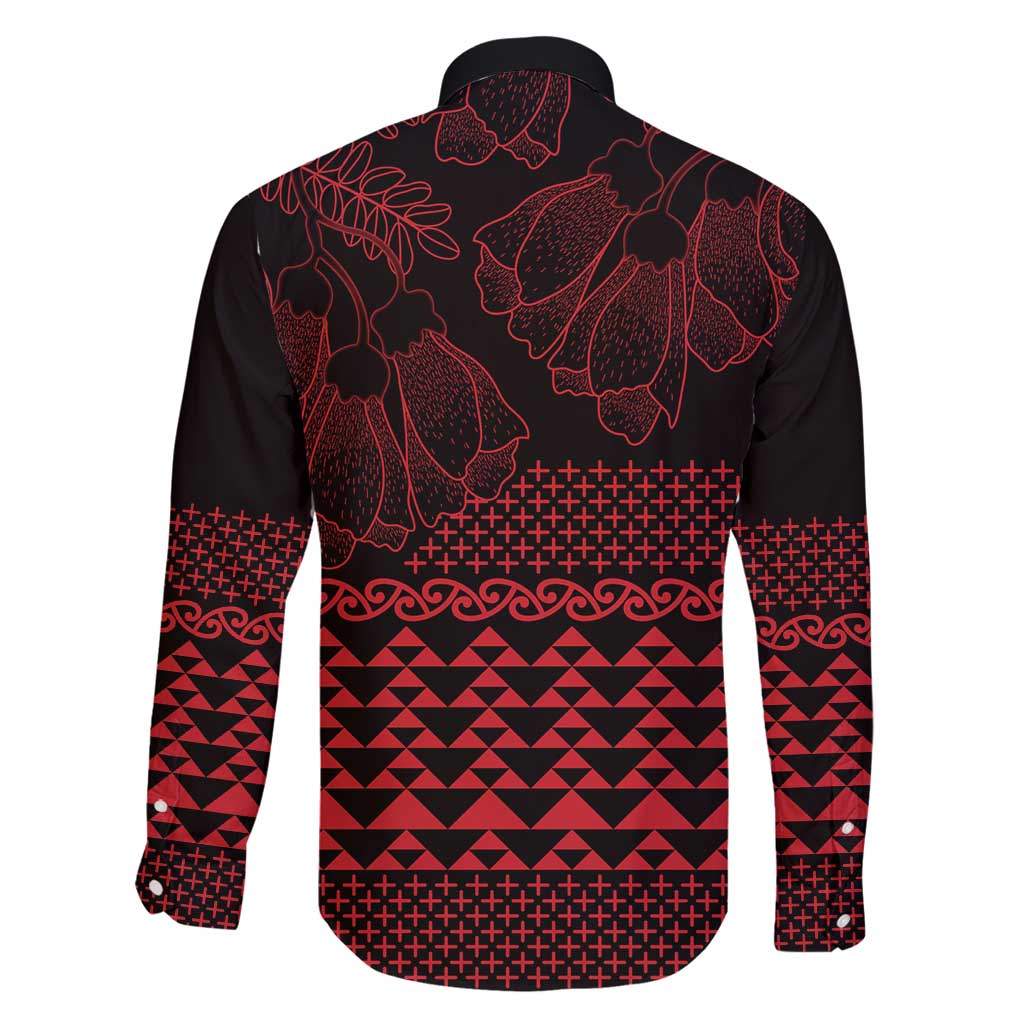 Red Taniko Kowhaiwhai Tukutuku Motif Family Matching Long Sleeve Bodycon Dress and Hawaiian Shirt
