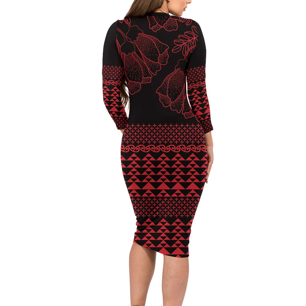 Red Taniko Kowhaiwhai Tukutuku Motif Family Matching Long Sleeve Bodycon Dress and Hawaiian Shirt