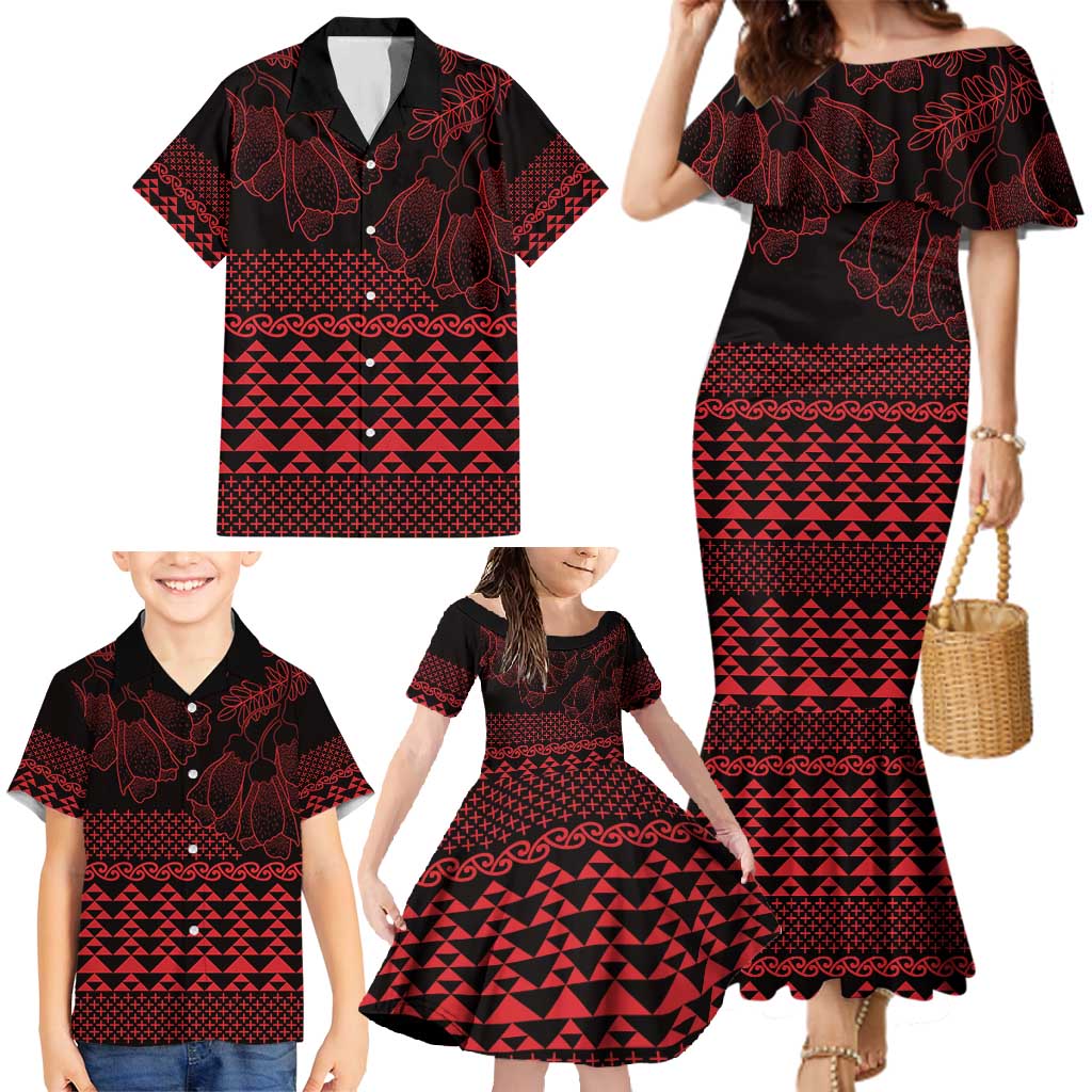 Red Taniko Kowhaiwhai Tukutuku Motif Family Matching Mermaid Dress and Hawaiian Shirt