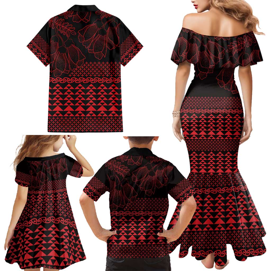 Red Taniko Kowhaiwhai Tukutuku Motif Family Matching Mermaid Dress and Hawaiian Shirt