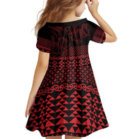Red Taniko Kowhaiwhai Tukutuku Motif Family Matching Off The Shoulder Long Sleeve Dress and Hawaiian Shirt