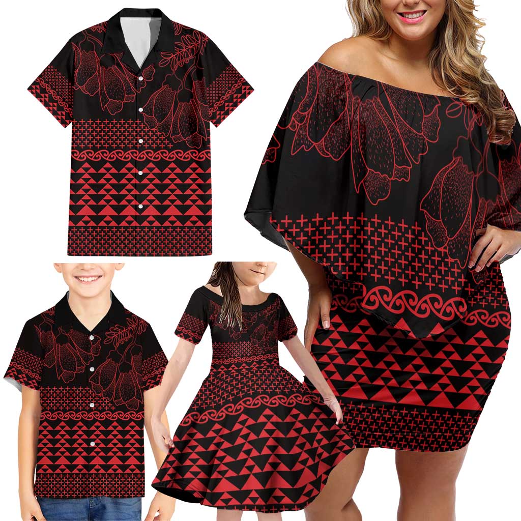 Red Taniko Kowhaiwhai Tukutuku Motif Family Matching Off Shoulder Short Dress and Hawaiian Shirt
