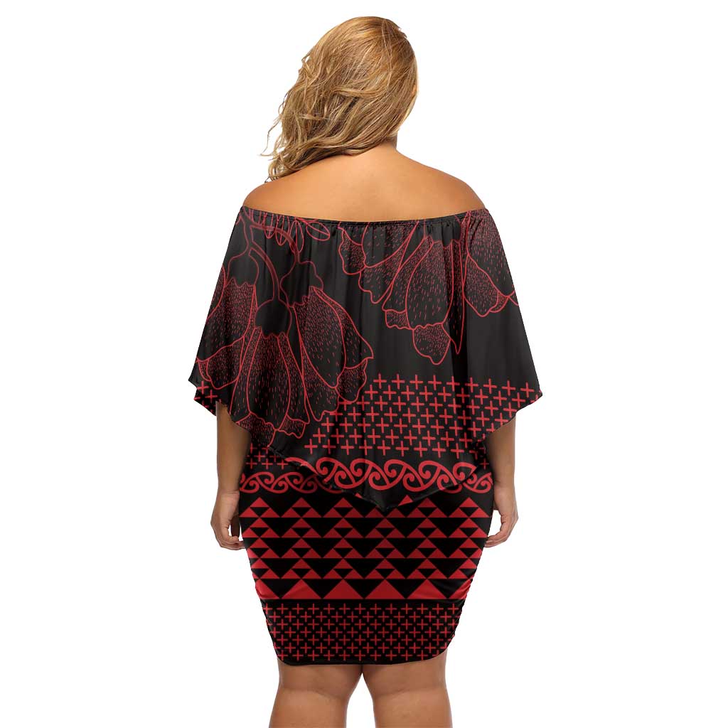 Red Taniko Kowhaiwhai Tukutuku Motif Family Matching Off Shoulder Short Dress and Hawaiian Shirt