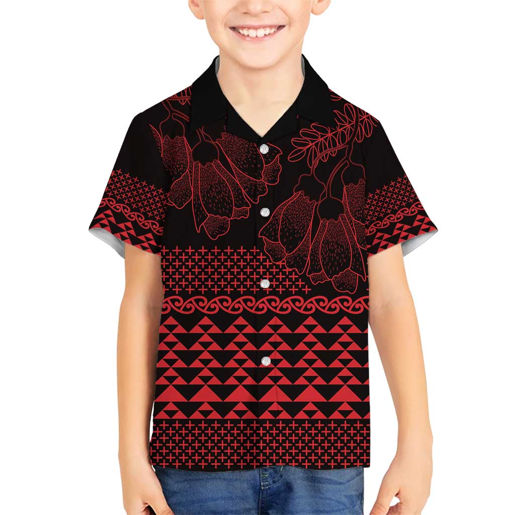 Red Taniko Kowhaiwhai Tukutuku Motif Family Matching Off Shoulder Short Dress and Hawaiian Shirt