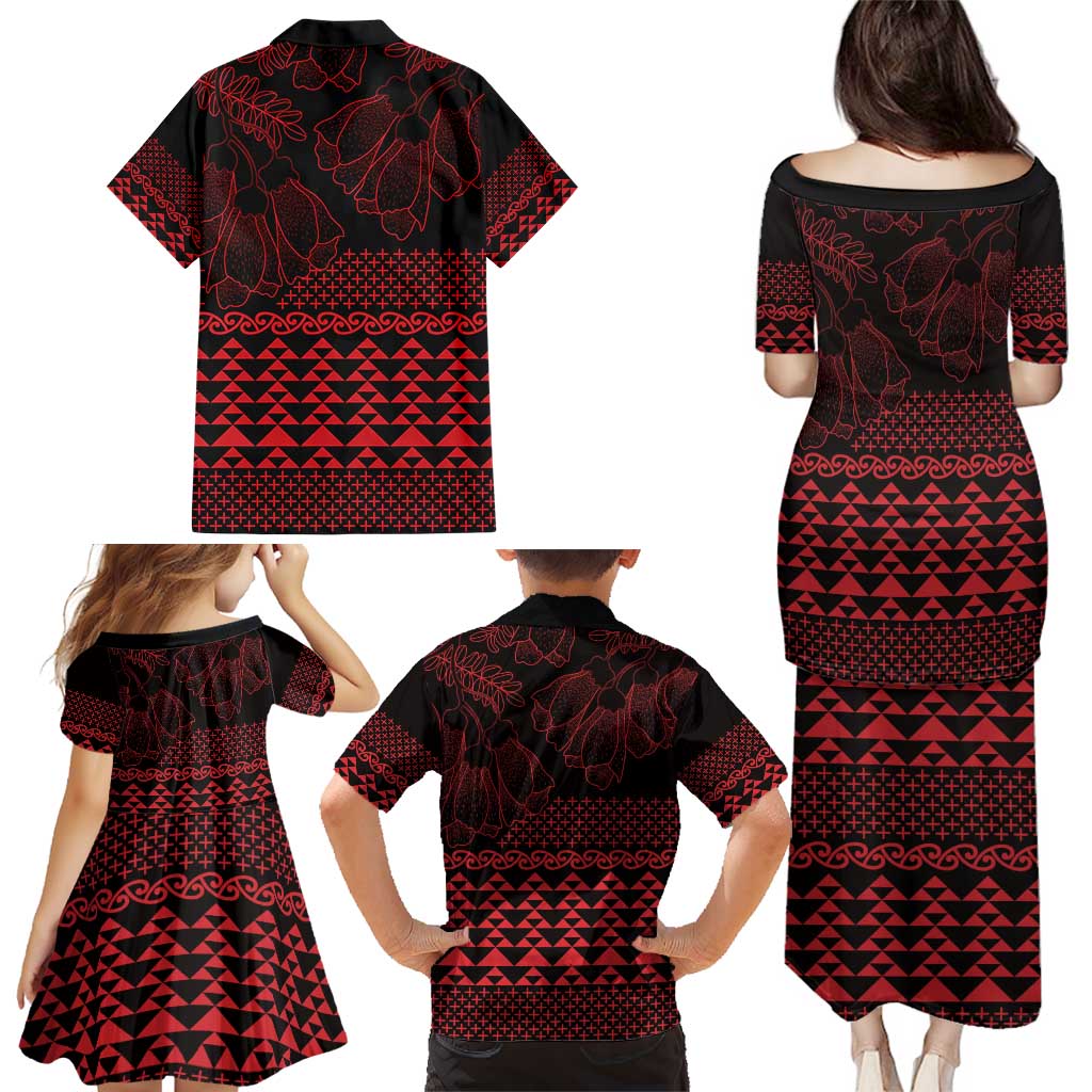 Red Taniko Kowhaiwhai Tukutuku Motif Family Matching Puletasi and Hawaiian Shirt