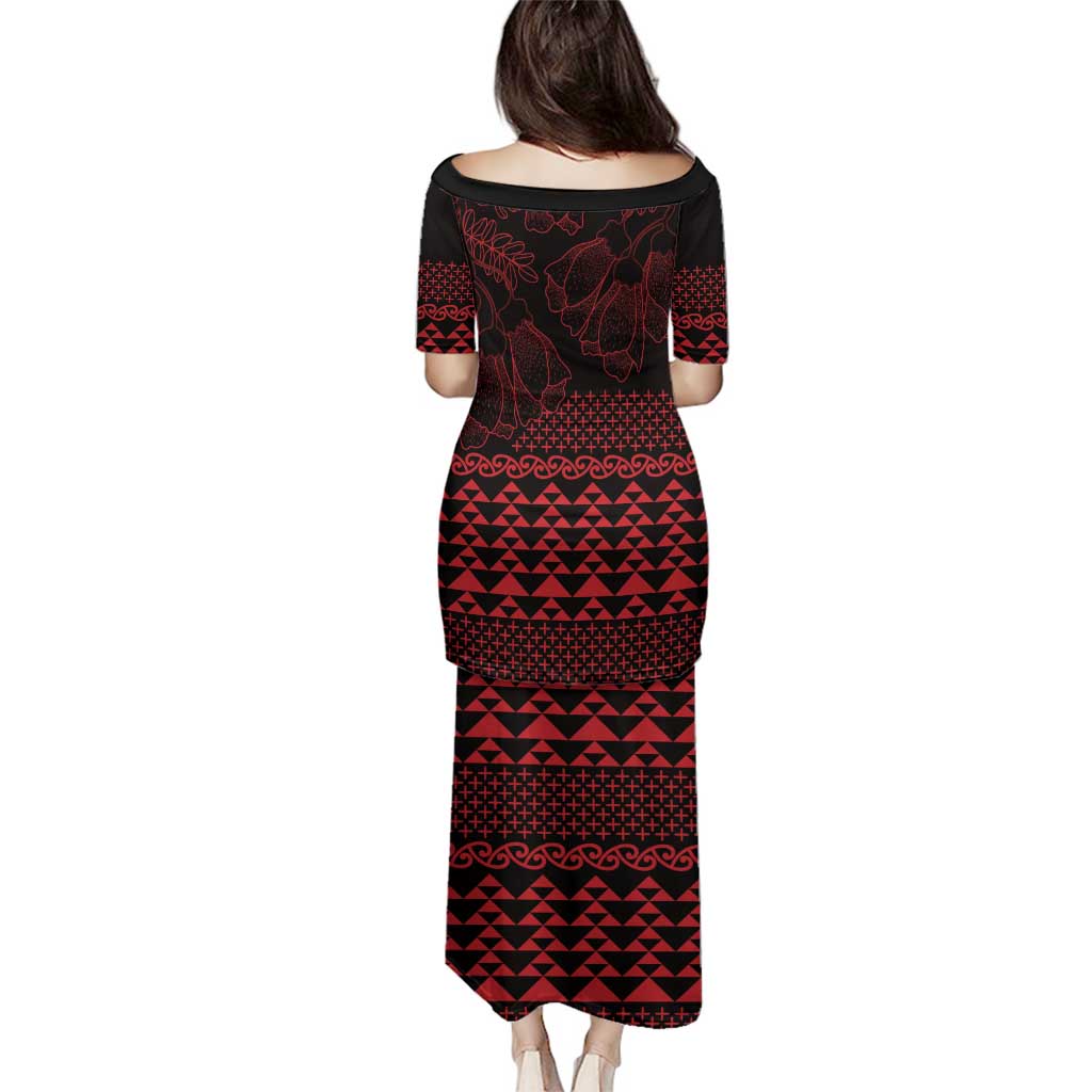 Red Taniko Kowhaiwhai Tukutuku Motif Family Matching Puletasi and Hawaiian Shirt