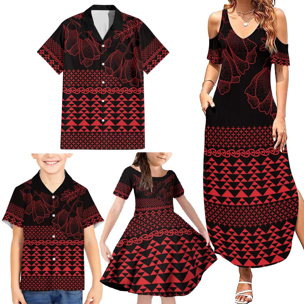 Red Taniko Kowhaiwhai Tukutuku Motif Family Matching Summer Maxi Dress and Hawaiian Shirt