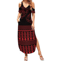 Red Taniko Kowhaiwhai Tukutuku Motif Family Matching Summer Maxi Dress and Hawaiian Shirt