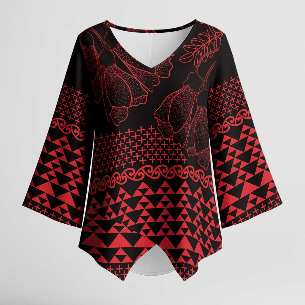 Red Taniko Kowhaiwhai Tukutuku Motif Kimono Sleeve Blouse - Polynesian Pride