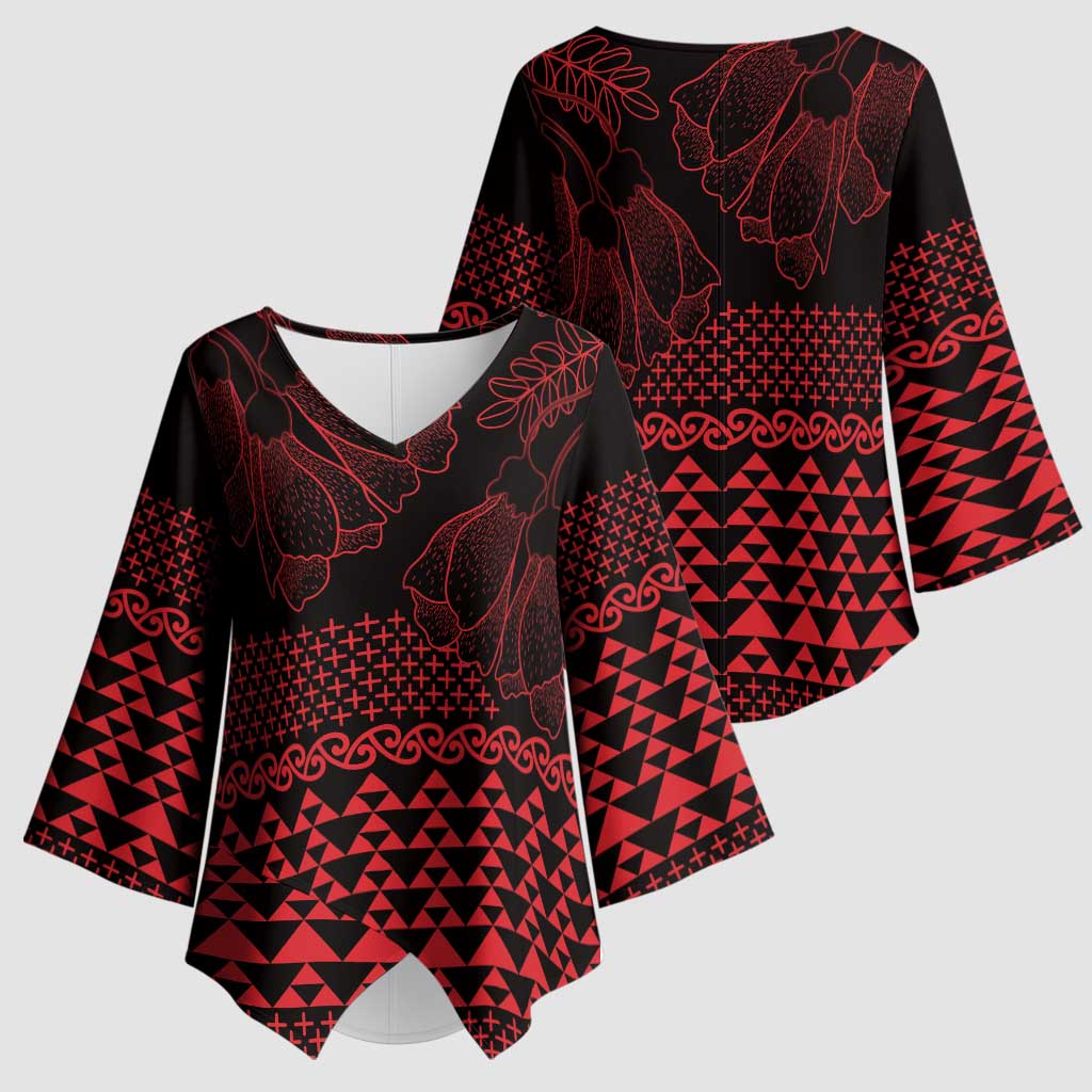 Red Taniko Kowhaiwhai Tukutuku Motif Kimono Sleeve Blouse - Polynesian Pride
