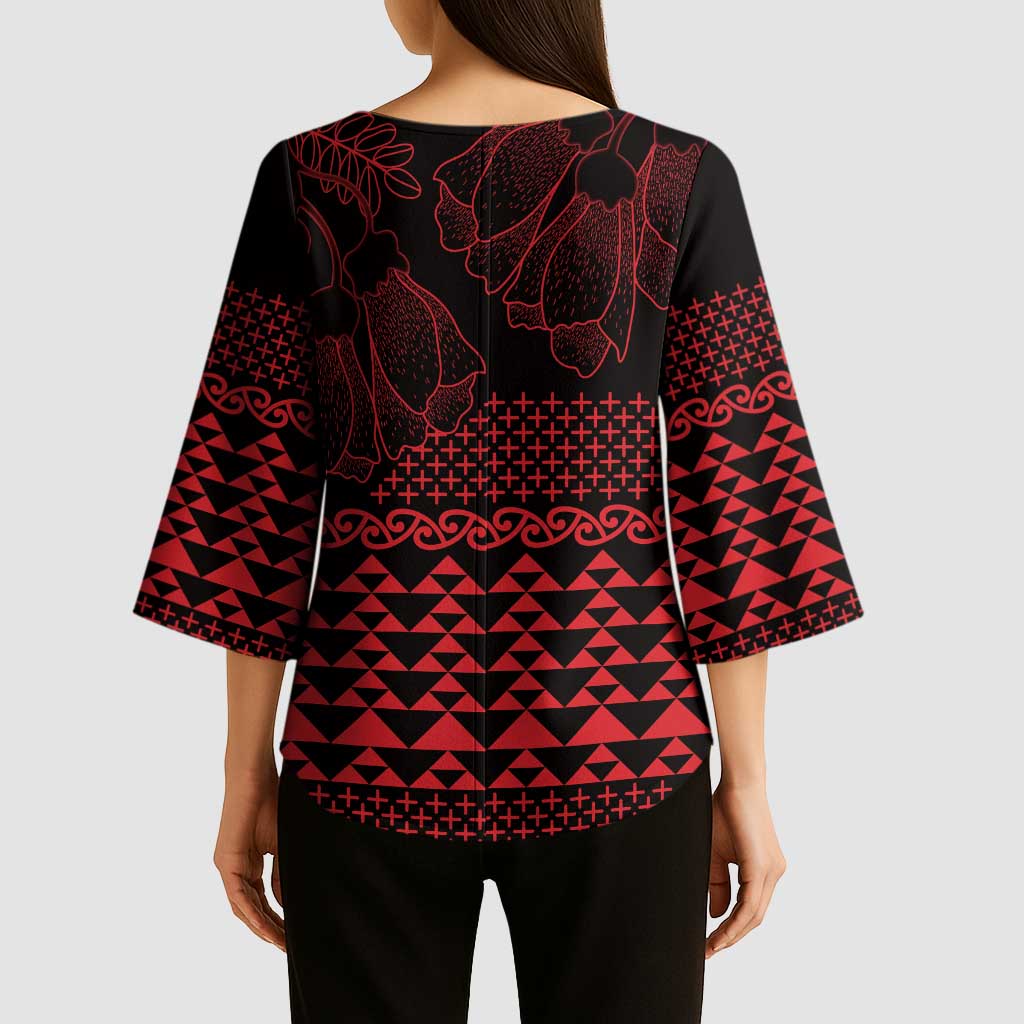 Red Taniko Kowhaiwhai Tukutuku Motif Kimono Sleeve Blouse - Polynesian Pride