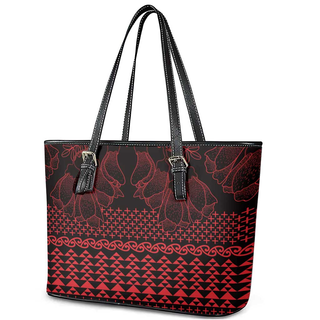 Red Taniko Kowhaiwhai Tukutuku Motif Leather Tote Bag