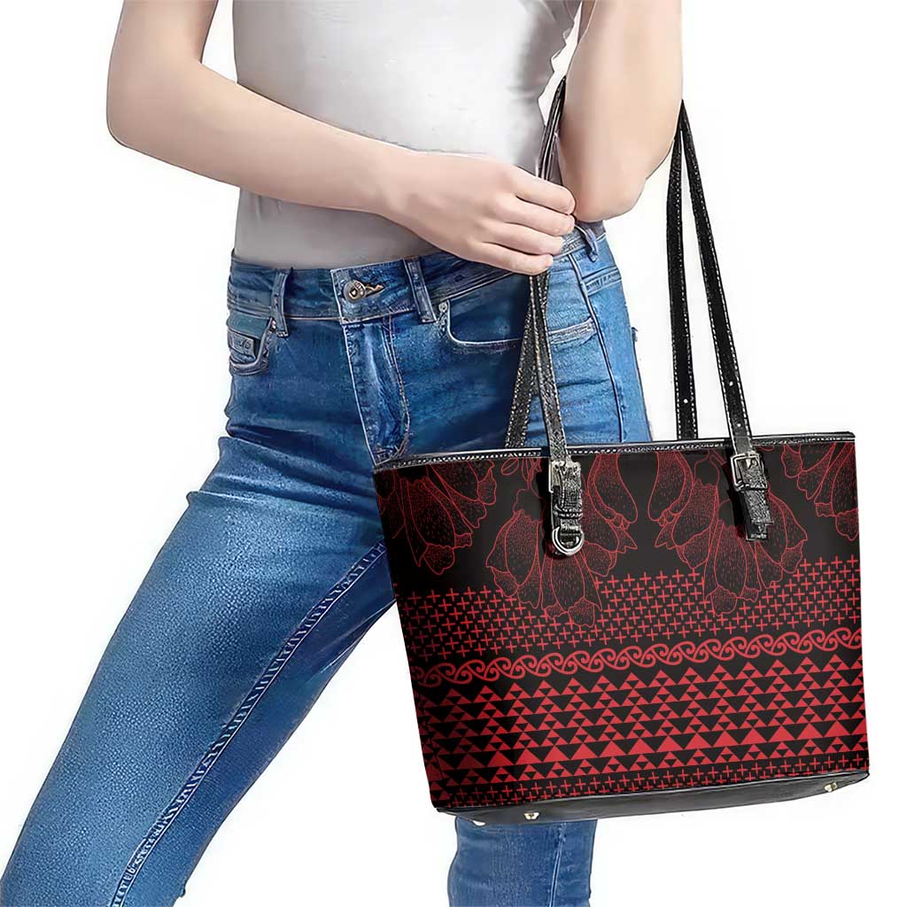 Red Taniko Kowhaiwhai Tukutuku Motif Leather Tote Bag