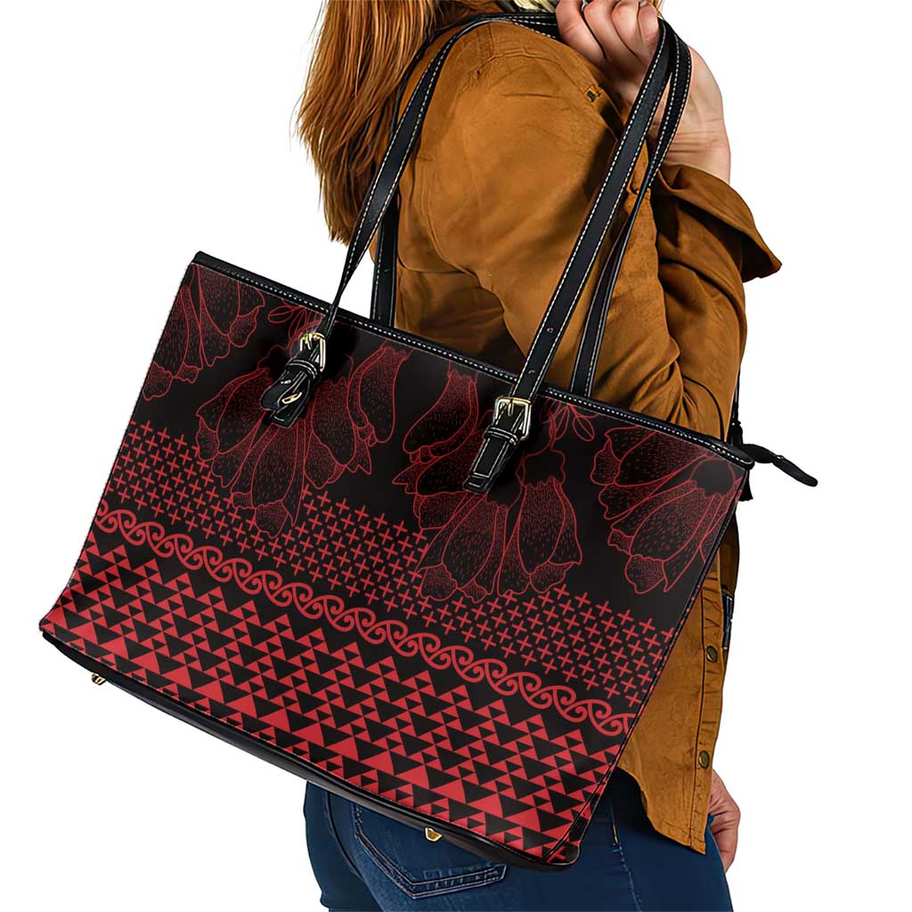 Red Taniko Kowhaiwhai Tukutuku Motif Leather Tote Bag