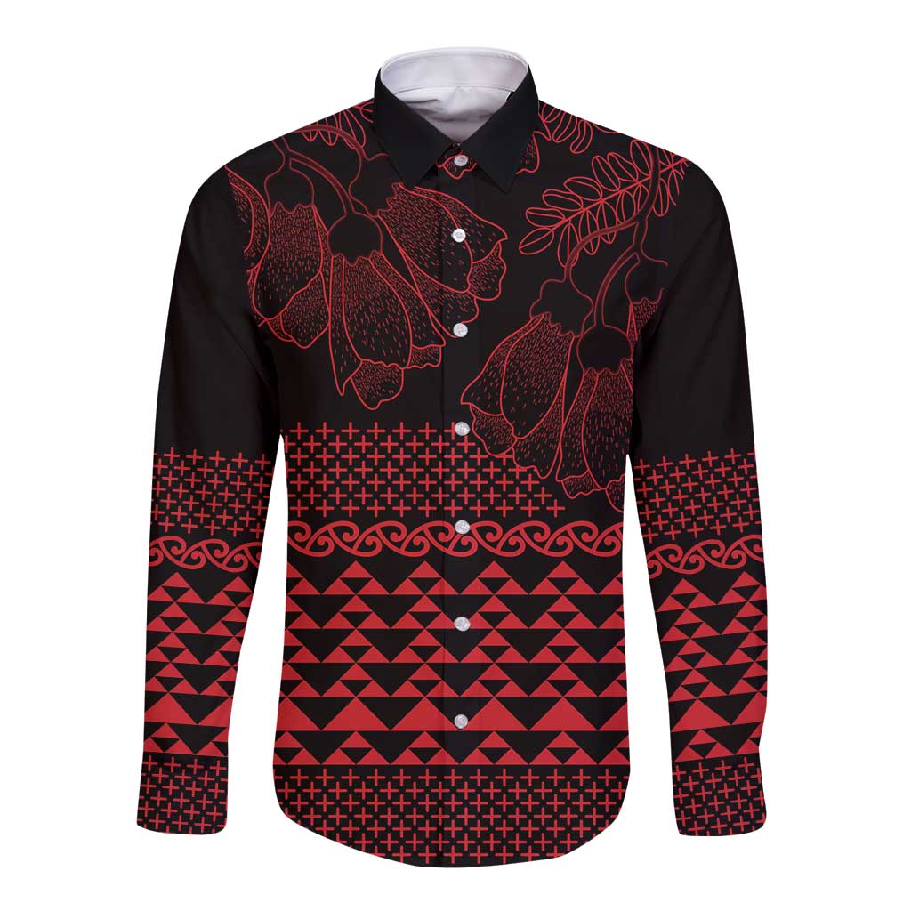 Red Taniko Kowhaiwhai Tukutuku Motif Long Sleeve Button Shirt LT9 Unisex Red - Polynesian Pride