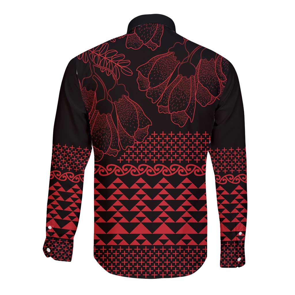 Red Taniko Kowhaiwhai Tukutuku Motif Long Sleeve Button Shirt LT9 - Polynesian Pride