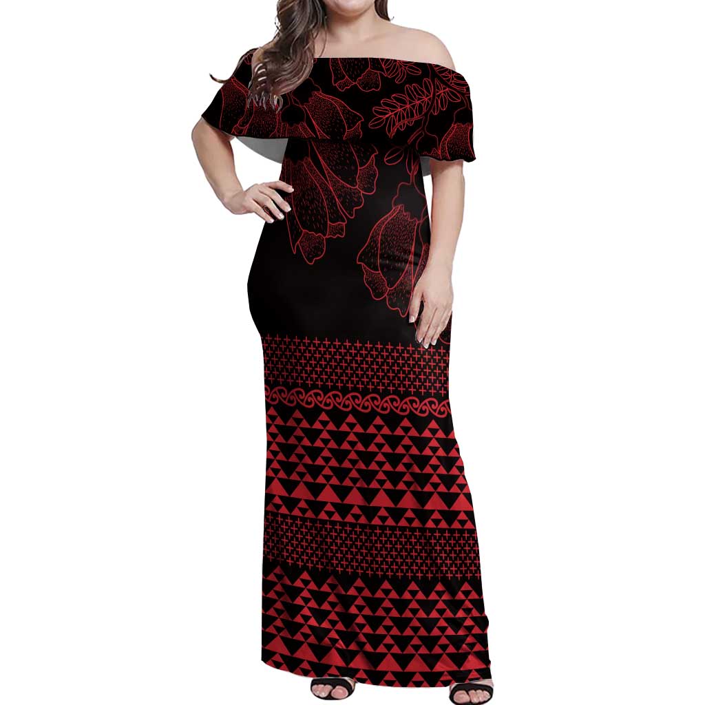 Red Taniko Kowhaiwhai Tukutuku Motif Off Shoulder Maxi Dress LT9 Women Red - Polynesian Pride