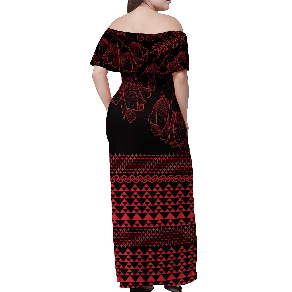 Red Taniko Kowhaiwhai Tukutuku Motif Off Shoulder Maxi Dress LT9 - Polynesian Pride
