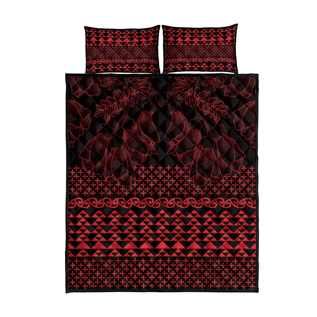 Red Taniko Kowhaiwhai Tukutuku Motif Quilt Bed Set