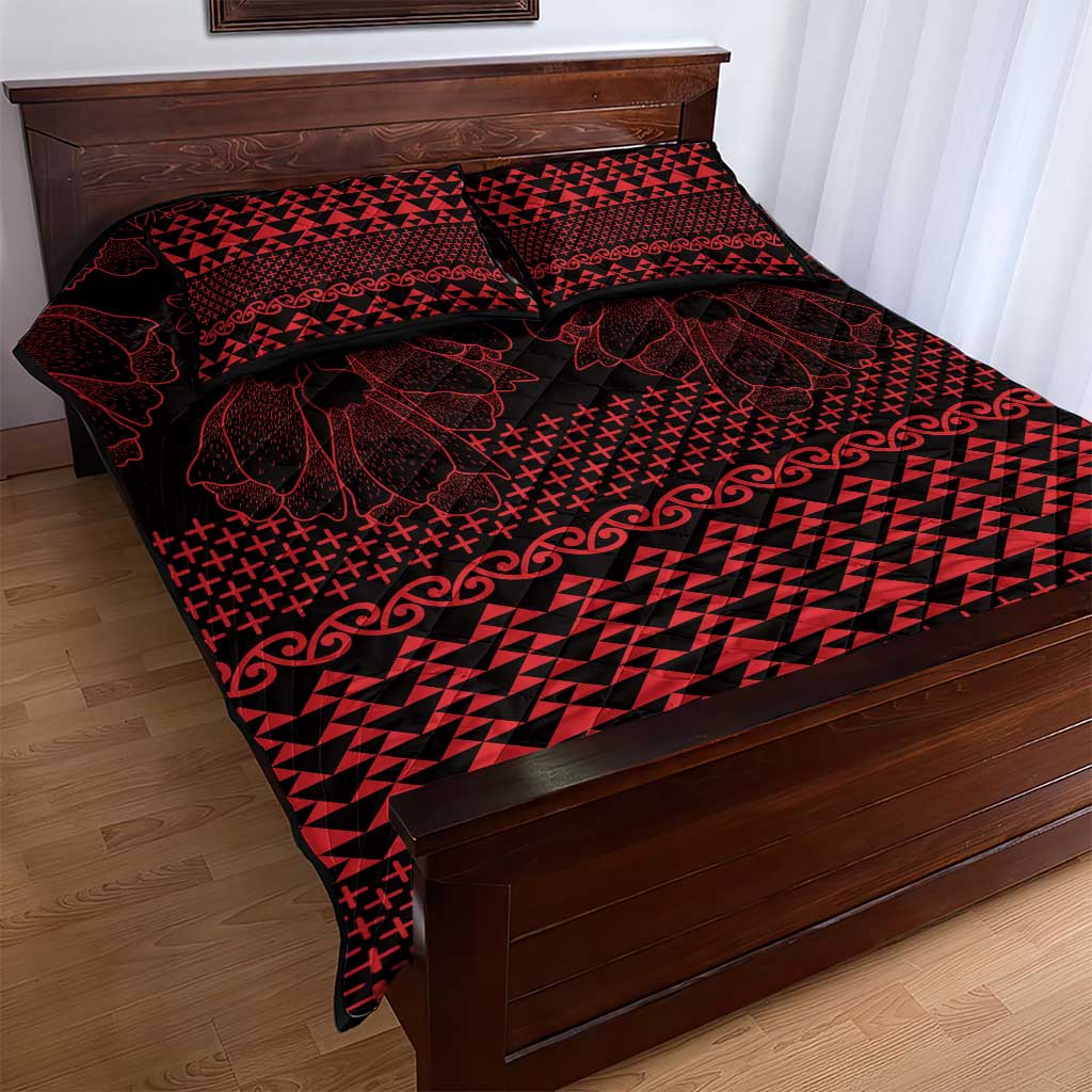 Red Taniko Kowhaiwhai Tukutuku Motif Quilt Bed Set