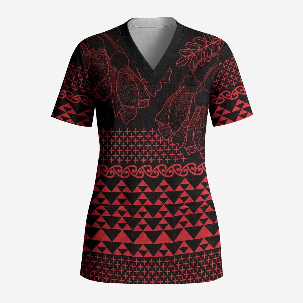Red Taniko Kowhaiwhai Tukutuku Motif Scrub Top - Polynesian Pride