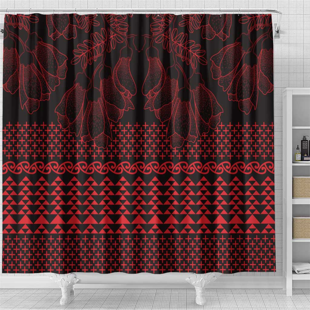 Red Taniko Kowhaiwhai Tukutuku Motif Shower Curtain