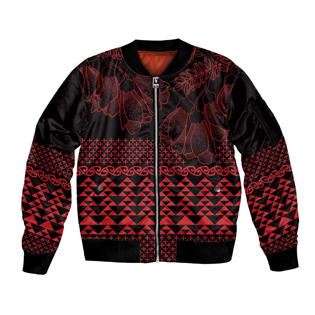 Red Taniko Kowhaiwhai Tukutuku Motif Sleeve Zip Bomber Jacket