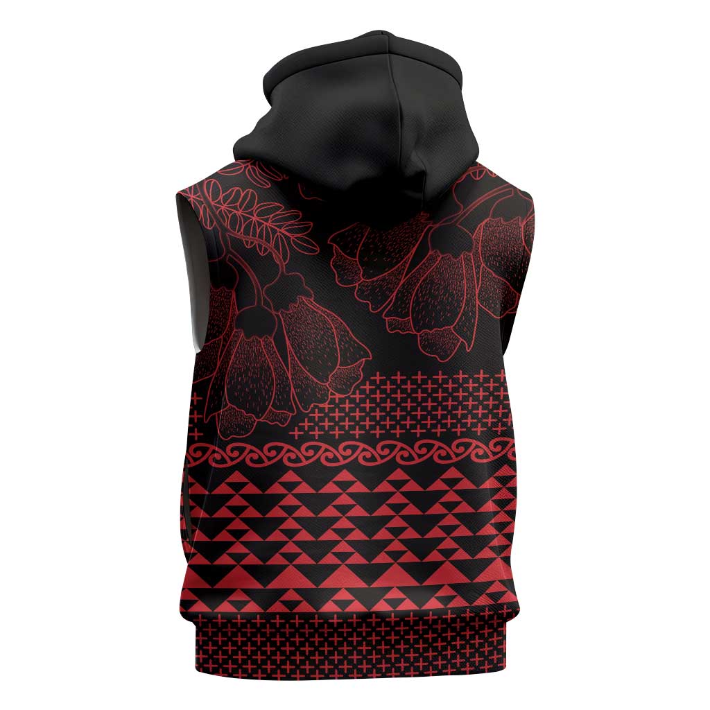 Red Taniko Kowhaiwhai Tukutuku Motif Sleeveless Zip Hoodie - Polynesian Pride