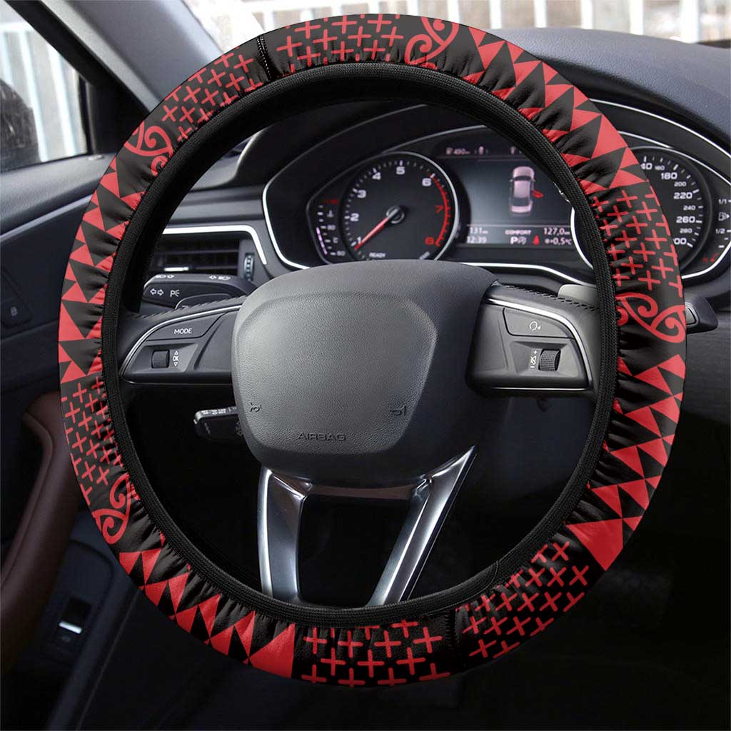 Red Taniko Kowhaiwhai Tukutuku Motif Steering Wheel Cover