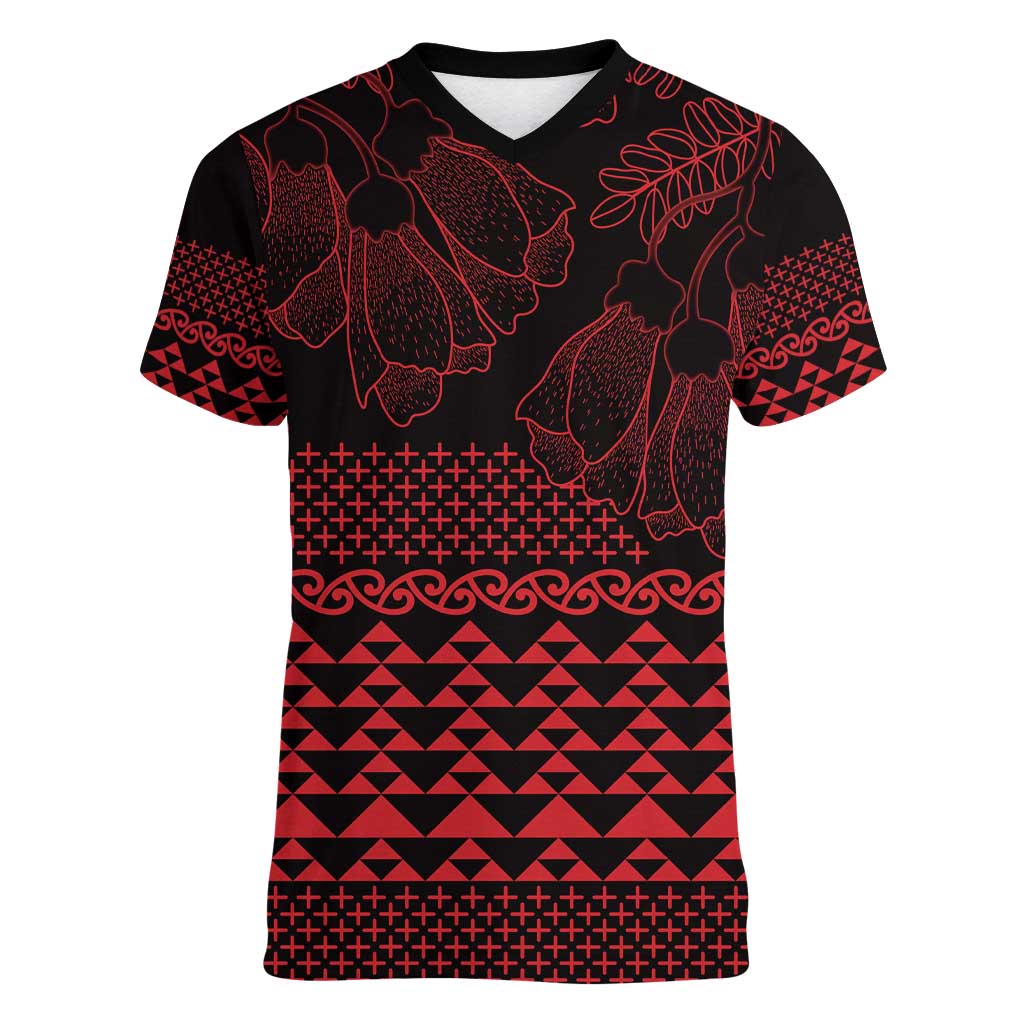 Red Taniko Kowhaiwhai Tukutuku Motif Women V-Neck T-Shirt