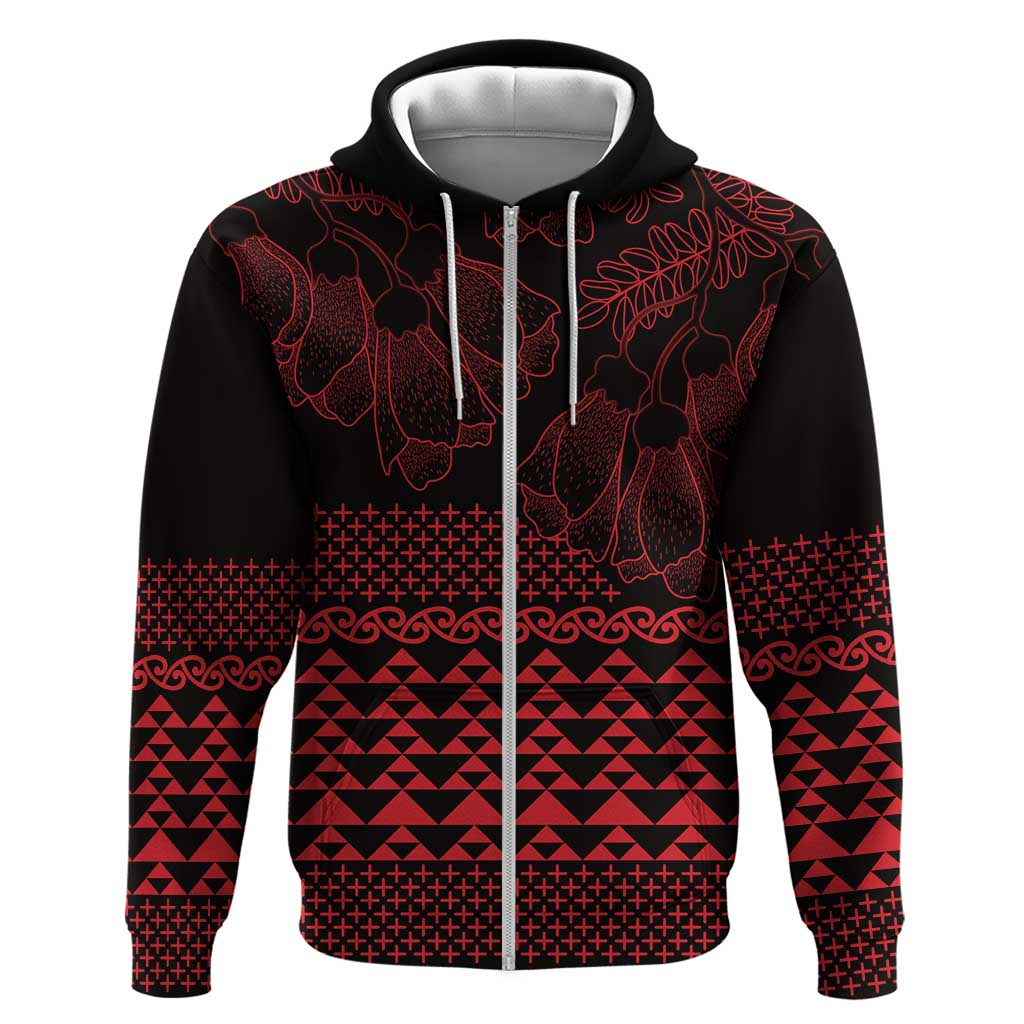 Red Taniko Kowhaiwhai Tukutuku Motif Zip Hoodie