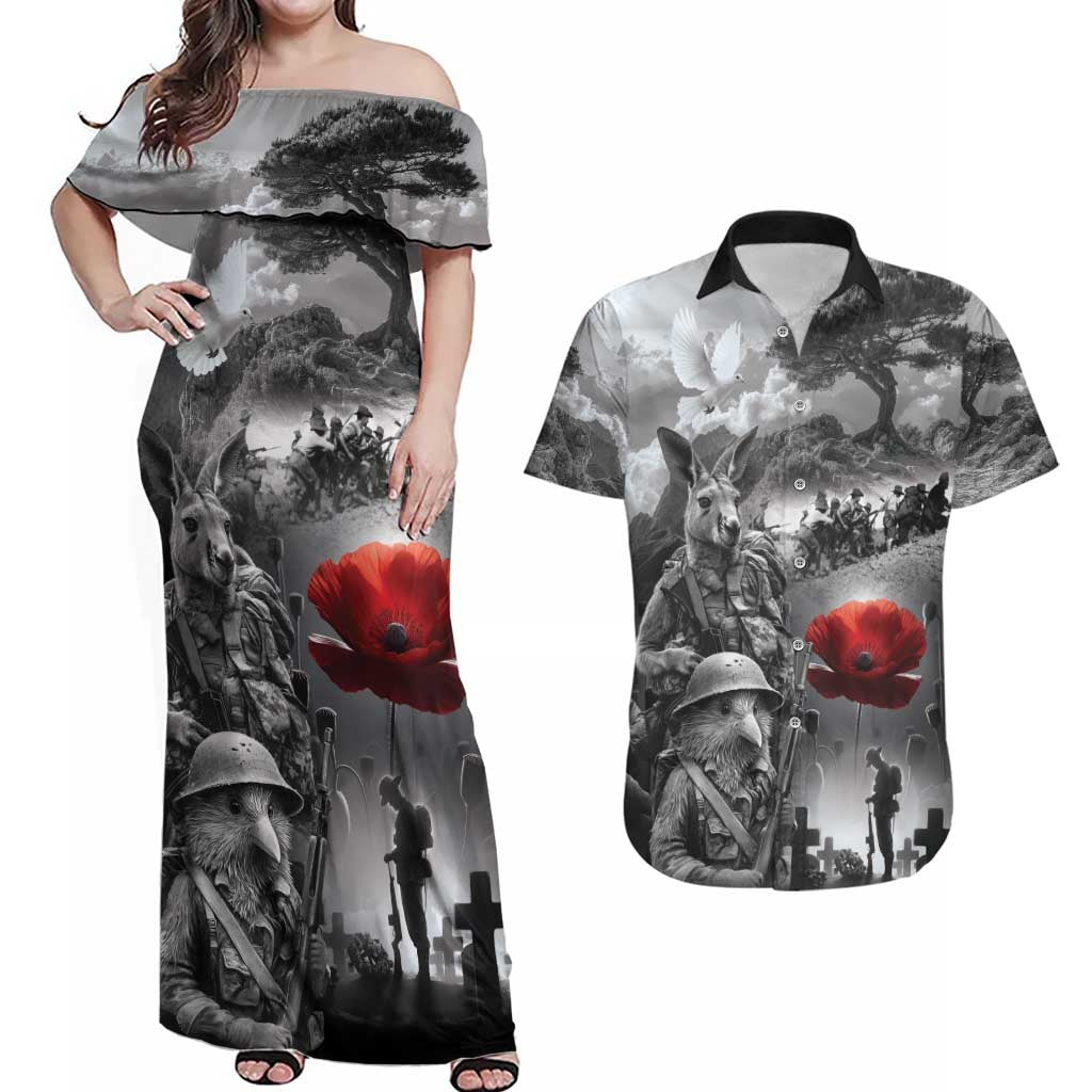 Black ANZAC Day The Battle of Lone Pine Couples Matching Off Shoulder Maxi Dress and Hawaiian Shirt Kiwi-Kangaroo Soldier Lest We Forget