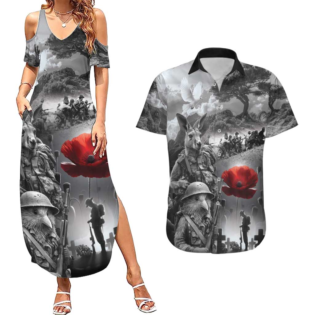 Black ANZAC Day The Battle of Lone Pine Couples Matching Summer Maxi Dress and Hawaiian Shirt Kiwi-Kangaroo Soldier Lest We Forget