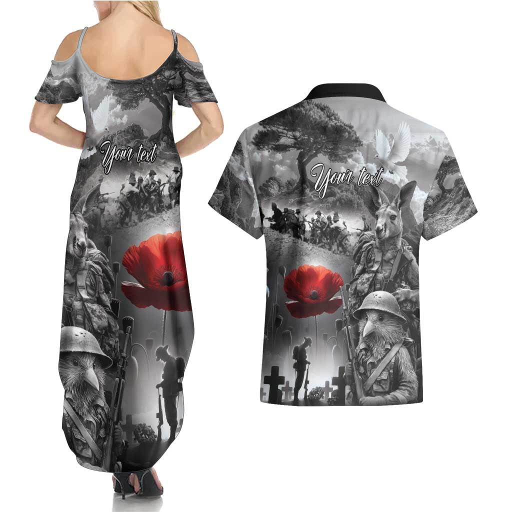 Black ANZAC Day The Battle of Lone Pine Couples Matching Summer Maxi Dress and Hawaiian Shirt Kiwi-Kangaroo Soldier Lest We Forget