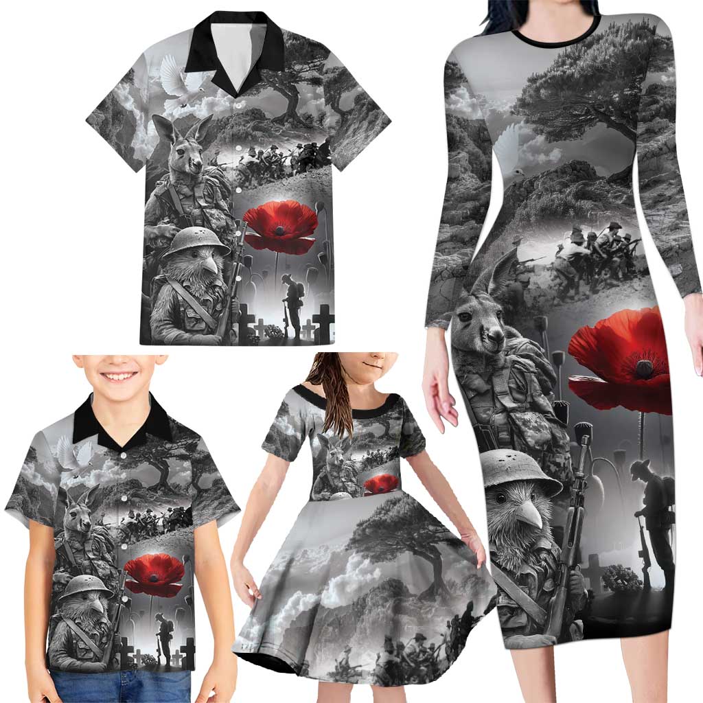 Black ANZAC Day The Battle of Lone Pine Family Matching Long Sleeve Bodycon Dress and Hawaiian Shirt Kiwi-Kangaroo Soldier Lest We Forget