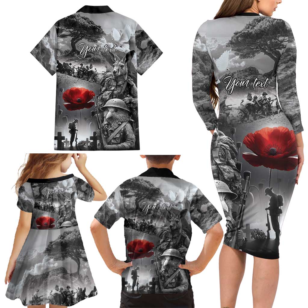 Black ANZAC Day The Battle of Lone Pine Family Matching Long Sleeve Bodycon Dress and Hawaiian Shirt Kiwi-Kangaroo Soldier Lest We Forget