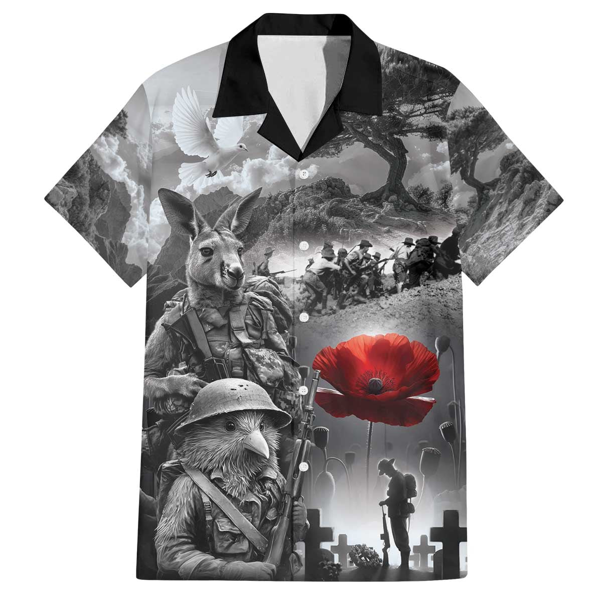 Black ANZAC Day The Battle of Lone Pine Family Matching Off The Shoulder Long Sleeve Dress and Hawaiian Shirt Kiwi-Kangaroo Soldier Lest We Forget