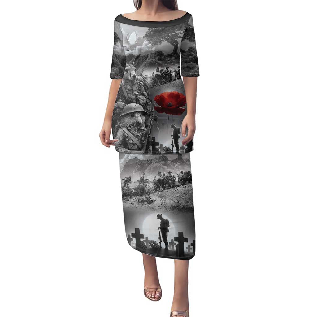 Black ANZAC Day The Battle of Lone Pine Family Matching Puletasi and Hawaiian Shirt Kiwi-Kangaroo Soldier Lest We Forget
